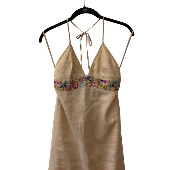 French Connection 100% Ramie Halter Dress Embroidered Floral Midi Size S - Picture 2 of 7